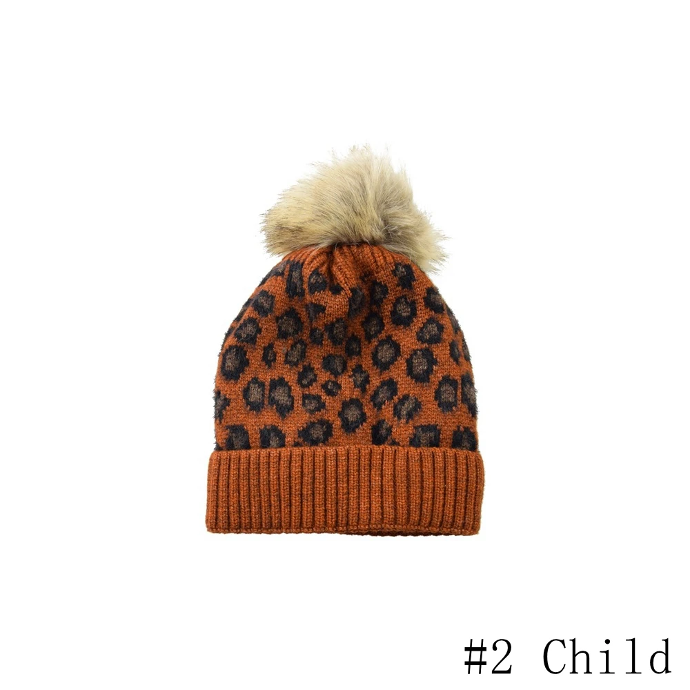 2 Child 2 шт./компл. вязаная крючком одежда с леопардовым принтом; шапка для малышей; мать помпон съемный ухо теплым Кепки зимний наряд для родителей и ребенка, аксессуары для волос - Цвет: 2 Child