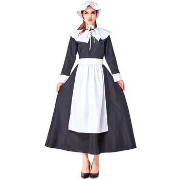 

European American Farm Life Clothing Black Maid Farm Maid Sage Pilgrim Party Costume Women Lady Dress