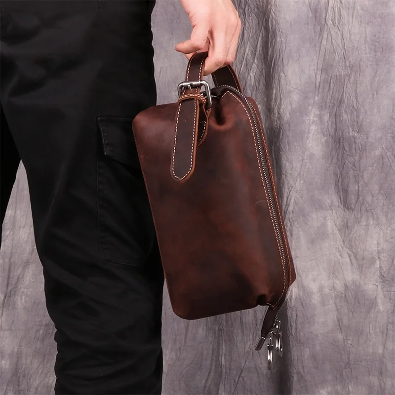 

Crazy Horse Leather Retro Leather Wash Bag Multi-Function Storage Bag Top Layer Leather Men's Clutch Bag
