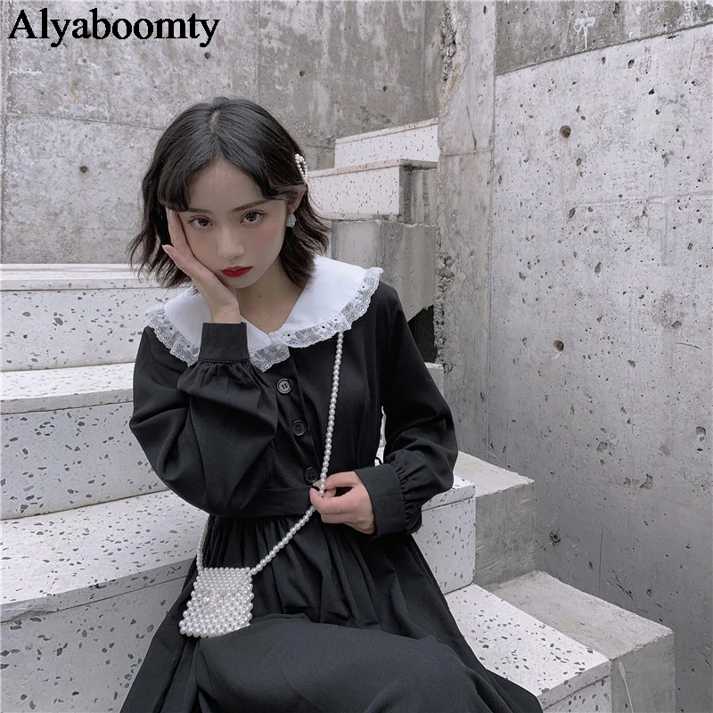 Японский Harajuku Осень женское длинное черное платье Питер Пэн воротник готический