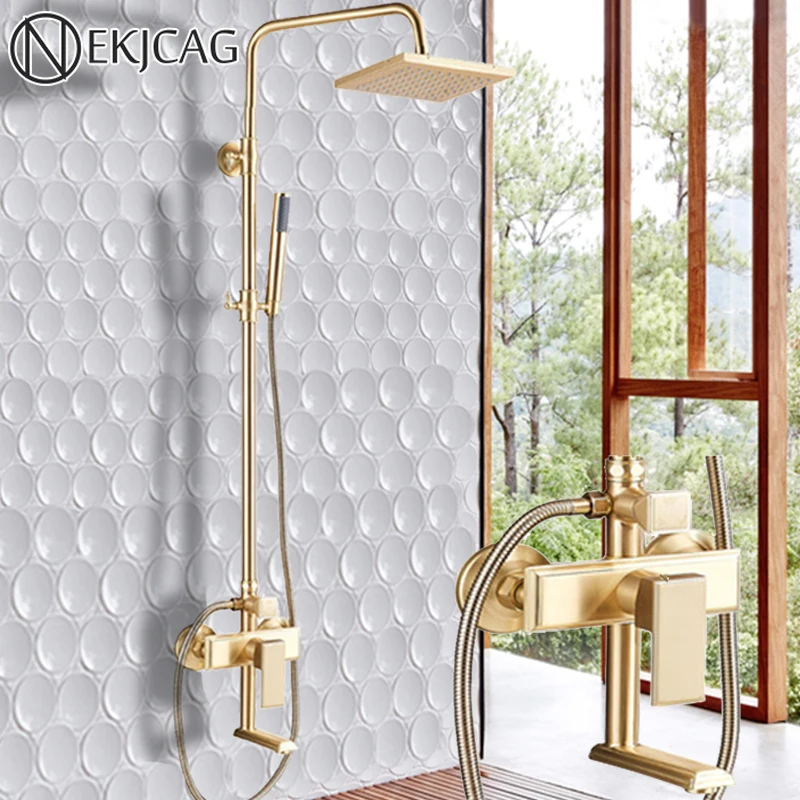 Brushed Gold Bathroom Faucets Kit 8" Square Rainfall Shower Faucet Wall