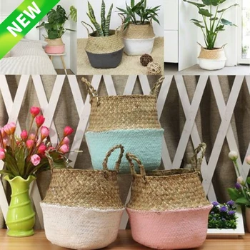 

Mini Bamboo Storage Baskets Foldable Laundry Straw Patchwork Wicker Rattan Seagrass Belly Flower Pot Planter Handmade Basket