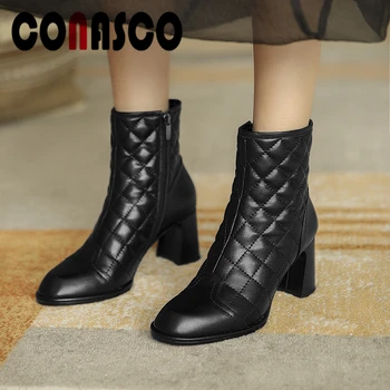 

CONASCO Female Concise Elegant Autumn Winter Ankle Boots For Women Embroider Shoes Woman Genuine Leather high Heels Zipper Boots