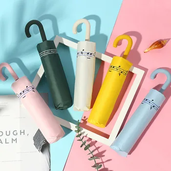 

Lady Cute Umbrella Curved Handle Non-auto Hand Three Folding Umbrella Sunscreen Black Coated Small Parasol Umbrella Paraguas