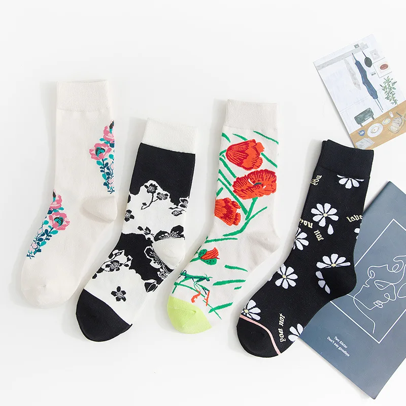 Носки с цветочным принтом и героями мультфильмов; сезон осень-зима; женские хлопковые носки в японском стиле; повседневные спортивные удобные дышащие носки в духе колледжа