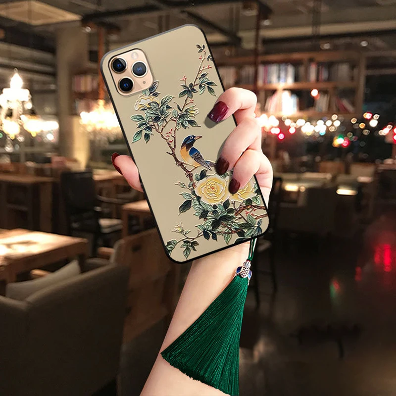 Чехол с тиснением для iPhone 11 Pro Max XS Max XR 8 7 6 6S Plus, мягкий силиконовый чехол с кисточкой с узорами