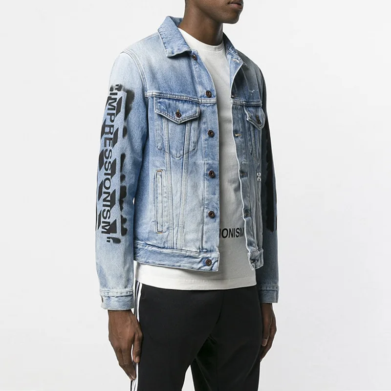 

Spring And Autumn off Ow Cool Jeans Coat European And American Streets Base Arrowhead Lettered Graffiti 99 Jacket