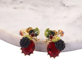 

Handmade Enamel Jewelry Vintage 14kgp Raspberry Gold Earrings Dainty Red Crystal Stone Pierced Earrings sv925 Post Stud Earrings