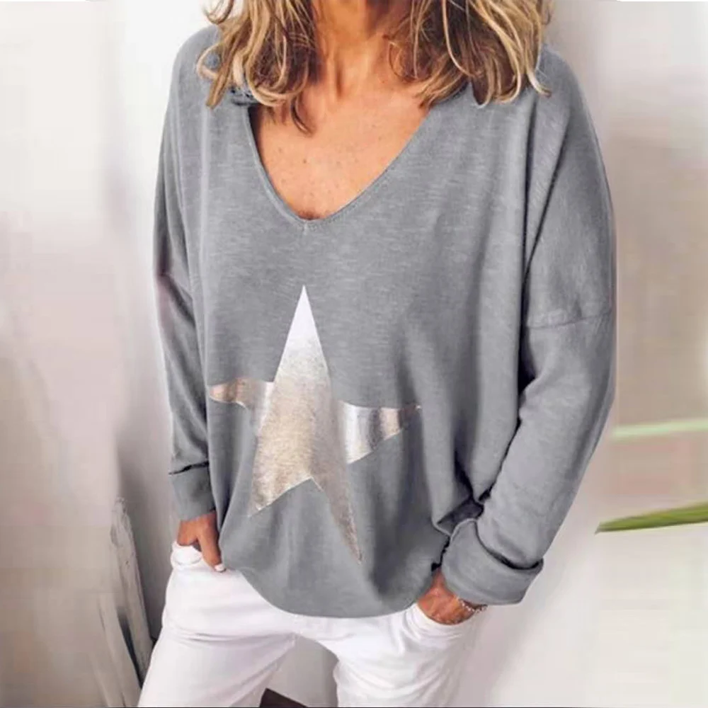 

2020 Autumn Trendy Women Clothes Pullover Star Print V-neck Tops Ladies Long Sleeve T-Shirts Solid Tops Plus Size 5XL