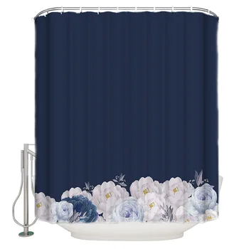 

Spring White Flower Blue Background Bathroom Accessories Waterproof Bathroom Shower Curtain With Hook Accessory