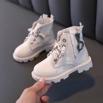 

Autumn Boys Boots Fashion Solid Color Teenger Student Kids Leather Shoes Non-slip Girl Martin Boots Beige Size 21-37 SJH004