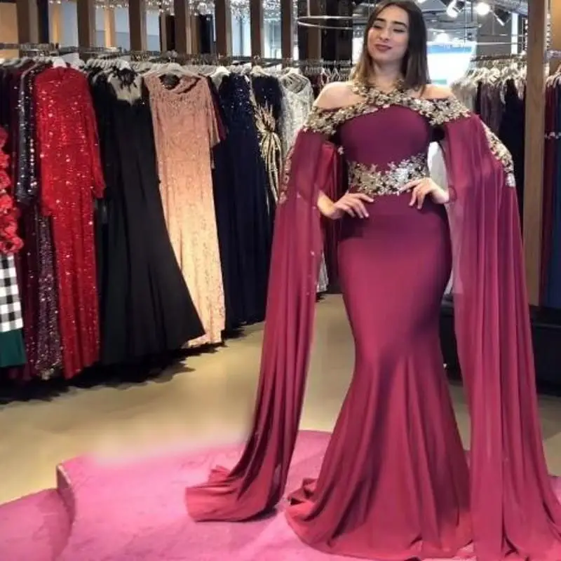 

Dubai Arabic Elegant Mermaid Dresses Evening Gold Applique Flutter Sleeves Sweep Train Prom Formal Dress Evening Party Gowns