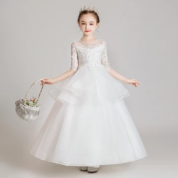 

Cute Embroidery Tiered Girls Costumes for Birthday Child White Solid Girl Bridesmaid Dress Floor Length Eleghant Wedding Dress