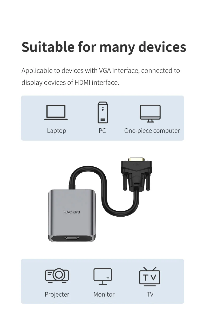 Hagibis VGA to HDMI adapter With 3.5mm AUX Audio Jack 1080P Male to Female Converter for PC Laptop HDTV Projector Video cable