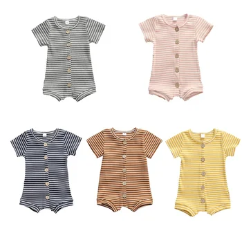 

0-12M New Arrival Newborn Toddler Baby Girls Boys Rompers Striped Cotton Shorts Sleeve Single Breasted Jumpsuits 5 Colors