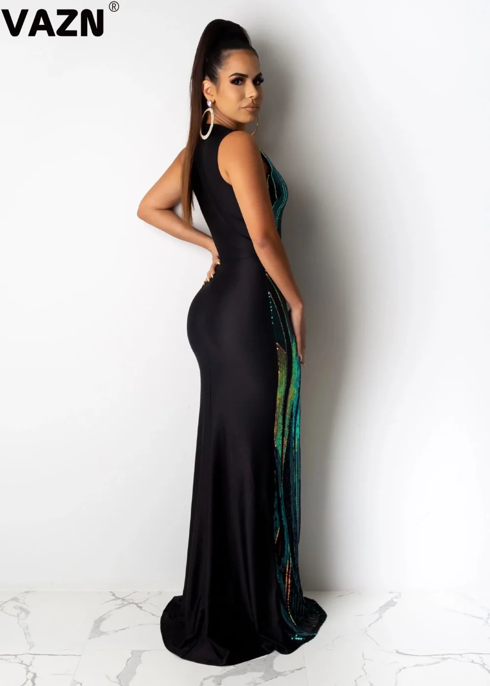 VAZN England Style Spring New Print Club Sexy Women lace Long Dress Lady Halter-Neck SleeveLess High Street Bodycon Dress