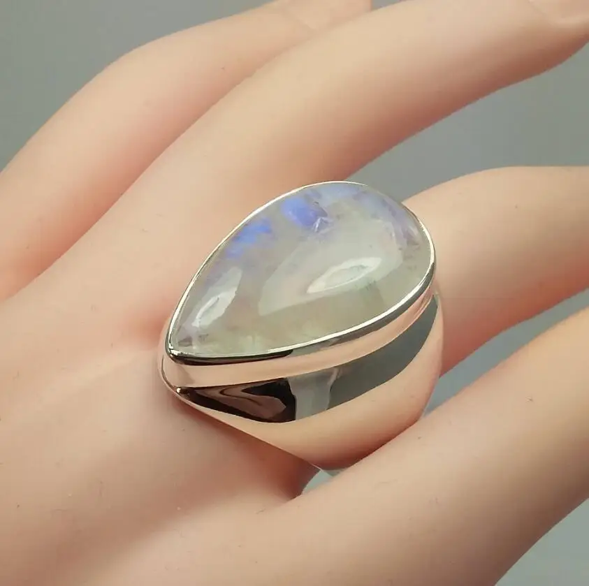 Богемное винтажное массивное серебряное кольцо из лунного камня для женщин дизайн панк Капля воды вечерние ювелирные изделия в стиле "Бохо"