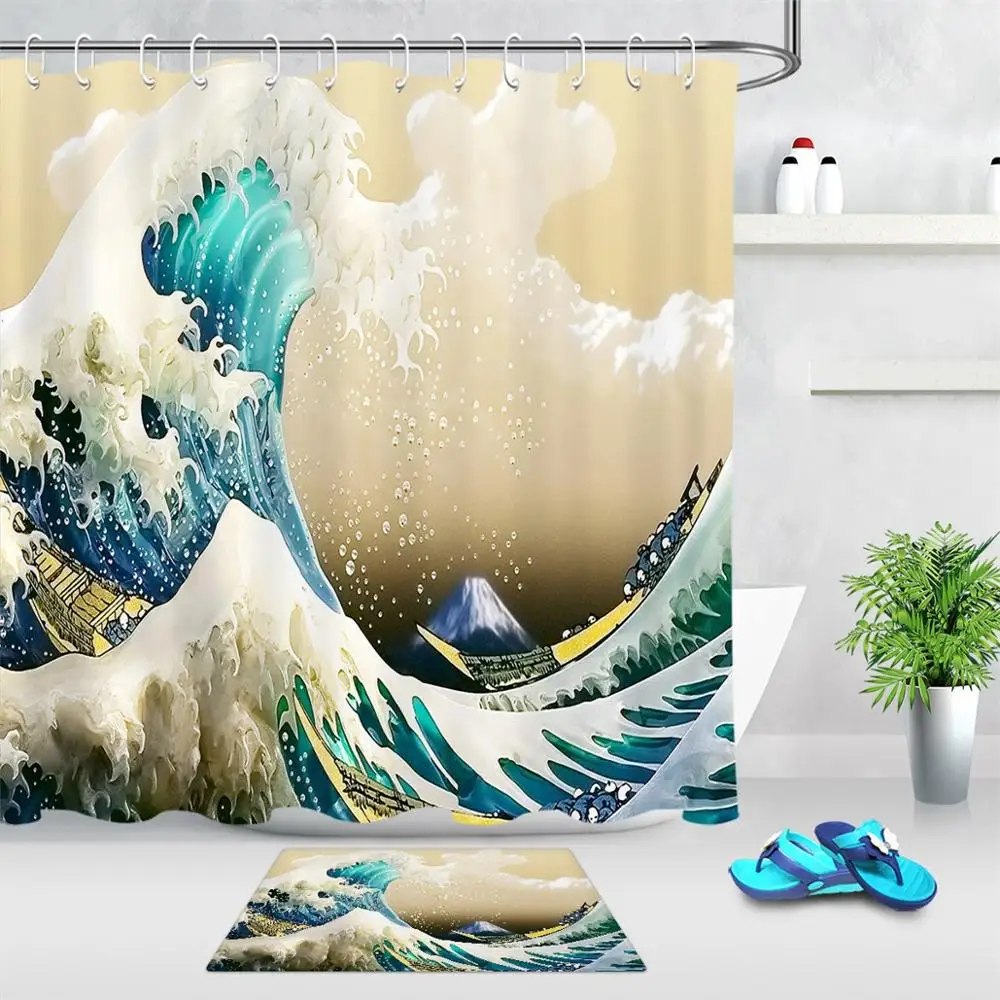 Wooden Planks Wave Anchor Bath Waterproof Polyester Fabric Shower Curtain Set 