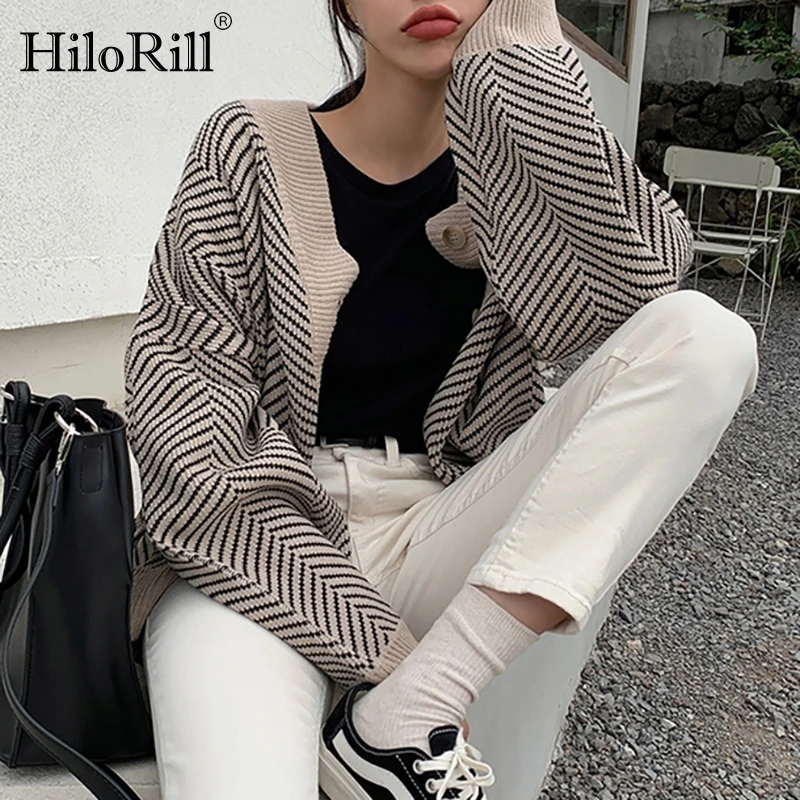 

Knitted Striped Cardigan Sweater Women Fashion Patchwork Top Autumn Winter 2020 Long Sleeve Casual Outwears V Neck Buttons Coat