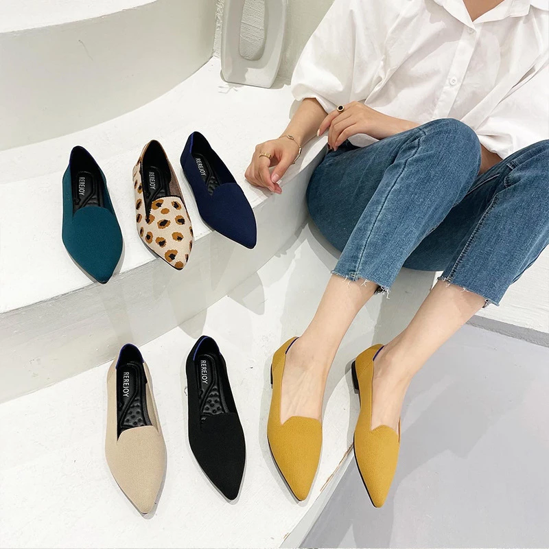 2021 Woman Shoes Flat New Fashion Summer Autumn Shallow  Flying Knitting Shoes Pointed Toe Flats Knit Shoes best women's flats for wide feet