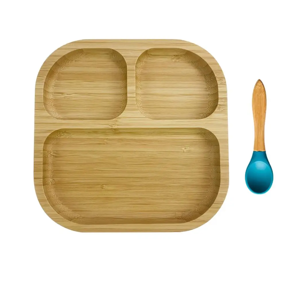 Высококачественная вилка, детская миска на присоске и набор ложек, миска для кормления на присоске, натуральный бамбук - Цвет: Blue Plateand Spoon