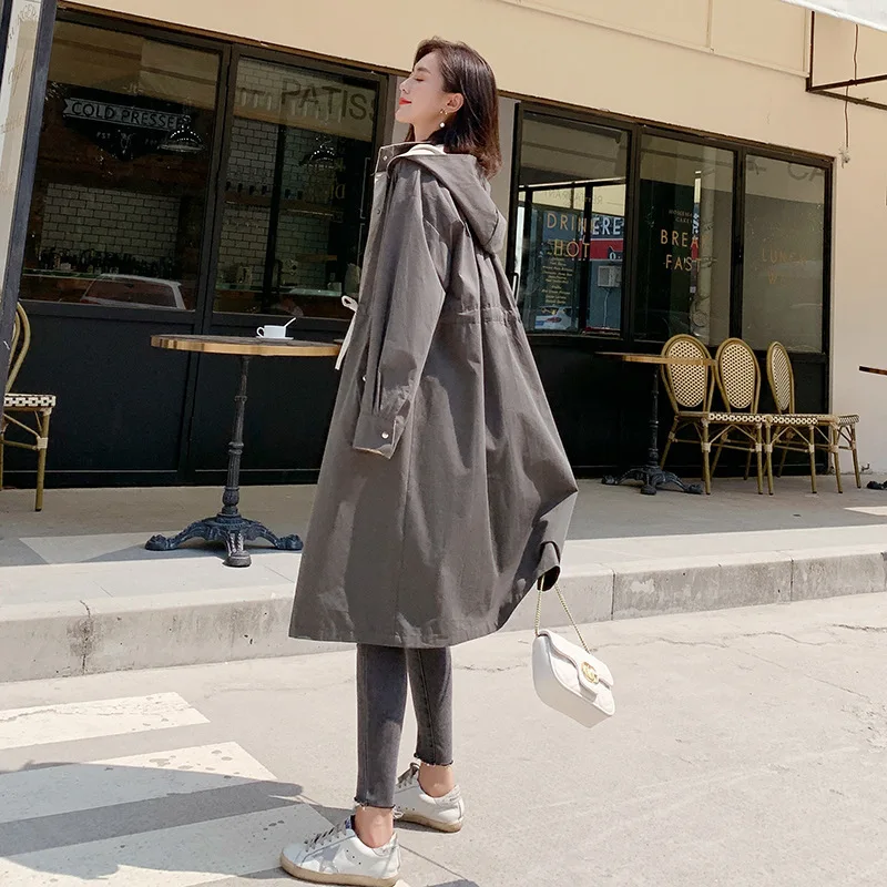 

Trench Coat Solid Color Commuting Hooded Convention Long Sleeve Pocket Hooded Loose-Fit Younger Fashion