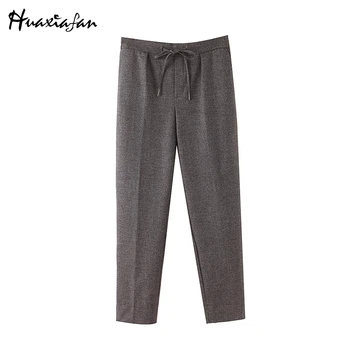 

Huaxiafan Fashion pants women grey houndstooth plaid draped sashes casual loose trousers trouser-legs split simple vintage pants