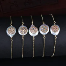 Белый темно-синий пурпурный мятного цвета, украшенные фианитами подвеска "Древо жизни" натурального пресноводного жемчуга бисера браслет для женщин свадебный подарок на день рождения