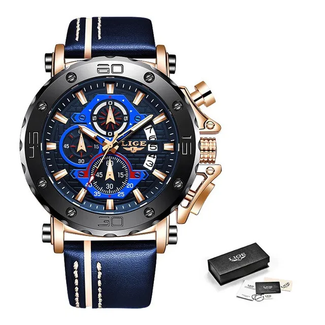 gold blue LIGE, модные мужские часы, Топ бренд, Роскошные, большой циферблат, военные кварцевые часы, кожа, спортивный хронограф, часы для мужчин, Relogio Masculino - Цвет: gold blue