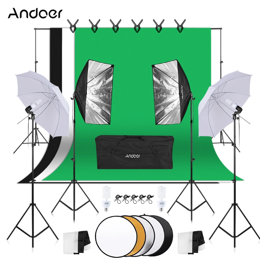 

Andoer Photography Kit 5in1 Photography Reflector Soft Light Umbrella Softbox 45W Light Bulb Swivel Socket Backdrop