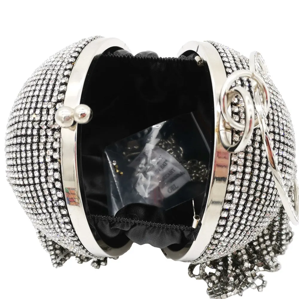 Boutique De FGG Round Tassel Crystal Clutch Purses For Women Black Evening Bags Wedding Party Dinner Bridal Diamond Handbags