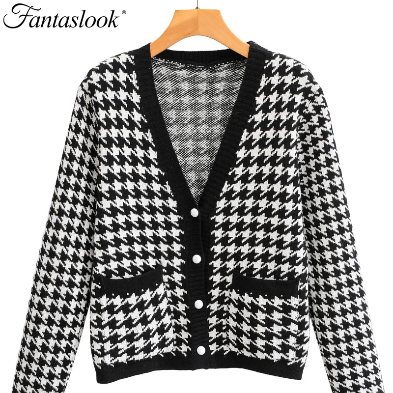 

Houndstooth Cardigans Oversized Sweaters Women Button V Neck Jumper Loose Knitted Sweater Female Long Sleeve Pull Femme