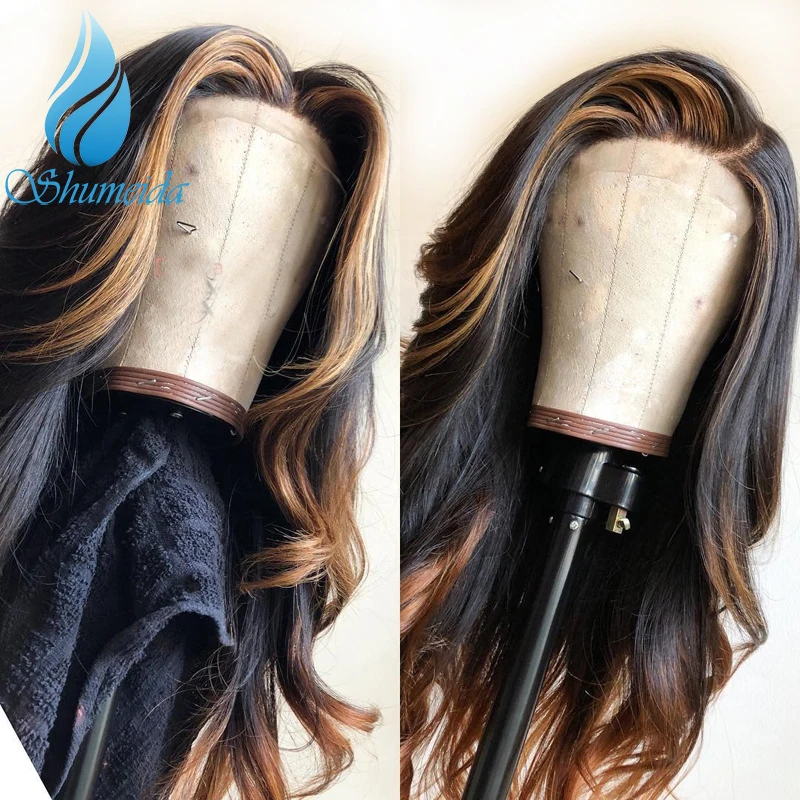 SHD Выделите цвет 13*6 фронтальные кружевные парики со средней частью бразильские Remy человеческие волосы длинные волнистые кружевные передние парики с детскими волосами