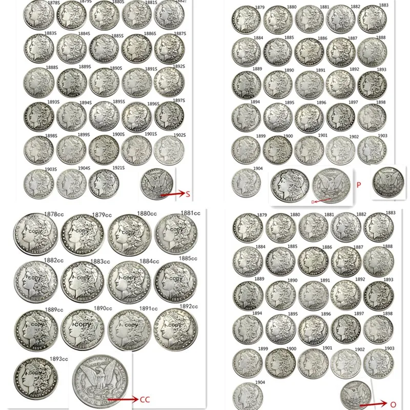 US Full Set (1878-1921) P/S/D/O/CC 96pcs Morgan dollar Silver Plated Copy Coins