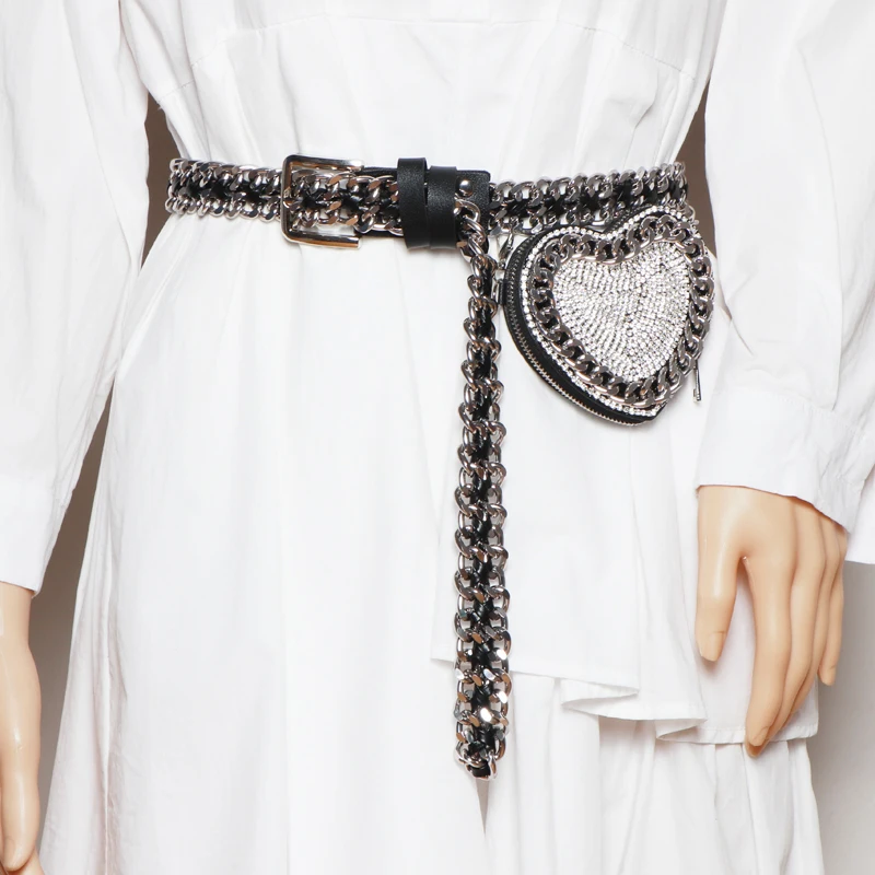 

Женский тканый ремень в стиле панк, широкая цепь, регулируемый пояс с монетницей, круглая забавная Сумочка с милым сердечком
