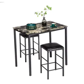 

[90 x 60 x 82] cm Marble Face High Dining Table and Chair Cushion Black Set 1 Table 2 Chairs Dining Table Kitchen Furniture