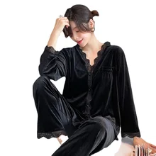 V-Neck Sexy Velour 2PCS Pajamas Suit Women Autumn Winter Warm Sleepwear Sweet Lace Nightwear Casual  Loose Home Clothes