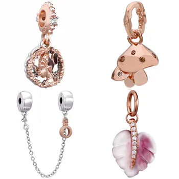 

Rose Gold Sparkling Mushrooms Princess Tiana Pink Murano Glass Leaf Pendant Charm Fit Pandora Bracelet 925 Sterling Silver Beads