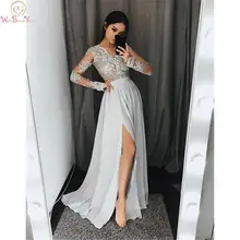 Сексуальные серебристо-серые платья для выпускного вечера с v-образным вырезом аппликация из кружева и шифона длинные рукава с высоким разрезом Формальные Вечерние платья Скромные Вечерние платья