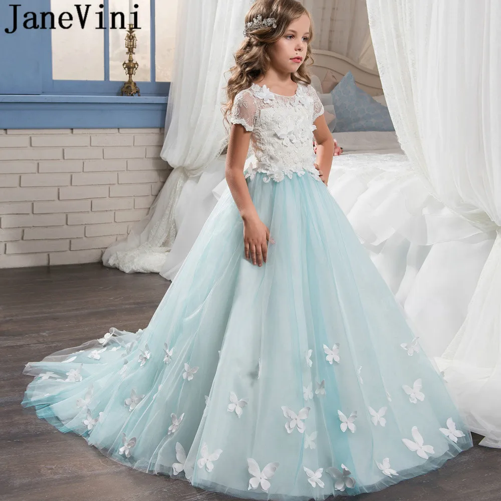 JaneVini бальное платье принцессы; торжественное платье для маленьких девочек; украшение бабочки; жемчужные пуговицы; Платья с цветочным узором для девочек на свадьбу