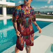 2021 New Fashion Men's Suit Two-Piece Harajuku Vintage Printed Short-Sleeved T-Shirt+Shorts Clothes Casual Men Set Streetwear