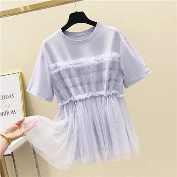 

Mesh Tshirt Women 2020 Summer New Crew Neck Short Sleeve Gauze Joint Pleat Drawstring Waist T-shirt Ladies Tee Tops Student T