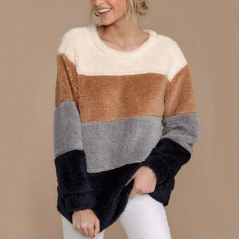 

Autumn 2019 Winter Warm Fleece Sweatshirt Fashion Patchwork Color Women Sweatshirts Female Long Sleeve Pullover Sudaderas Mujer
