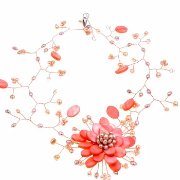 

Peach Pink Mother Of Pearl Shell & Natural Freshwater Pearl Shell Flower Necklace For Women