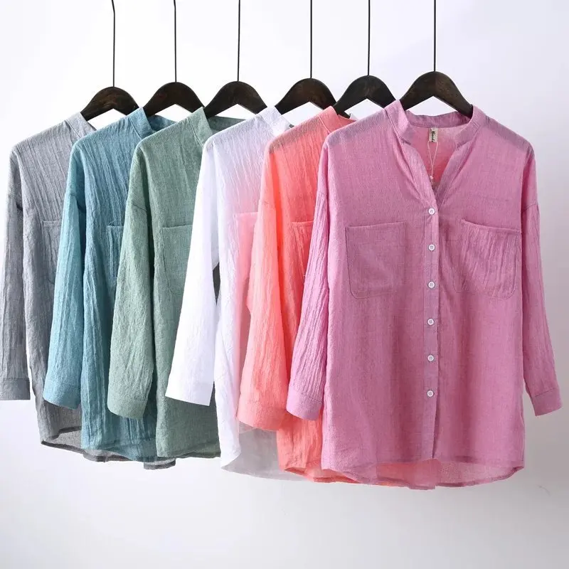 

Linen Blouse Plus Size Women Blouses Solid V-Neck Ladies Shirts 2019 Autumn Casual Tops Blusas Office Blouses Blusas Mujer