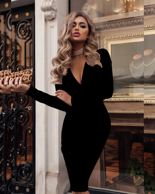 Elegant Women Autumn And Winter Long Sleeve V Neck High Waist Solid Color  Bodycon Dress Ladies Evening Party Formal Dresses - Dresses - AliExpress