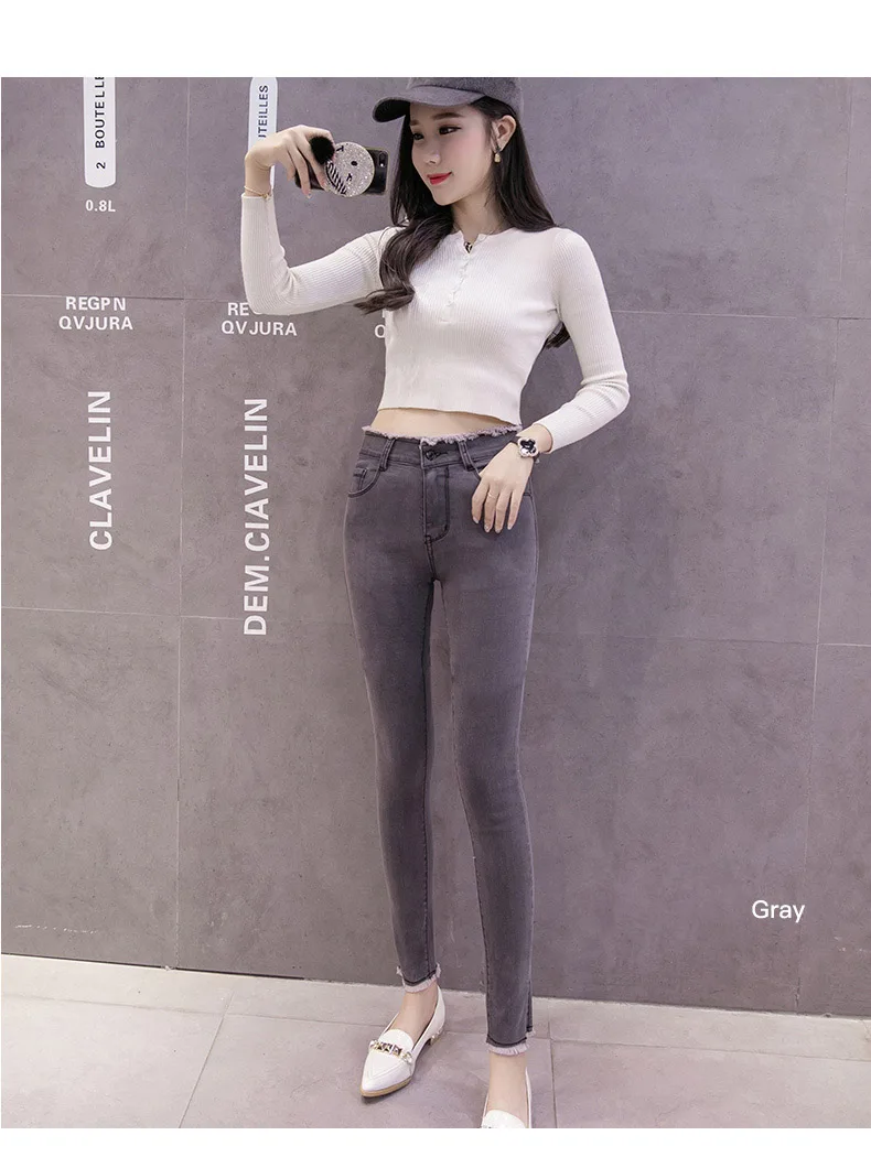 Женские джинсы с высокой талией, Корейская одежда, обтягивающие эластичные джинсы, Осенние тонкие весенние женские джинсы из денима, штаны с разрезом