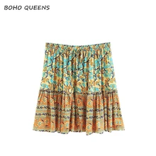 Винтажная шикарная модная женская элегантная юбка в стиле хиппи, богемная Вышитая мини-юбка с цветочным принтом в виде павлина для женщин, большие размеры