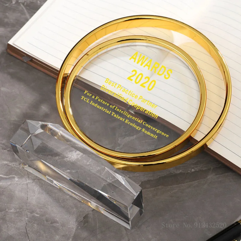 Custom Metal Double Circle Crystal Trophy, Electroplating Gold, Creative Award, Wedding Souvenir, Black Base