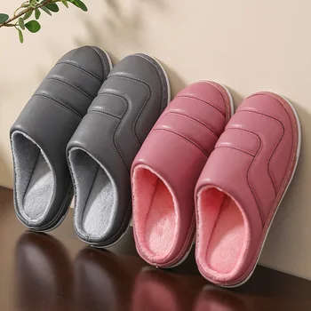 

Leather Warm Winter Home Slippers Non-Slip Thick Warm House Shoes Cotton Women Men Slippers Indoor Shoes Flats Plus Size